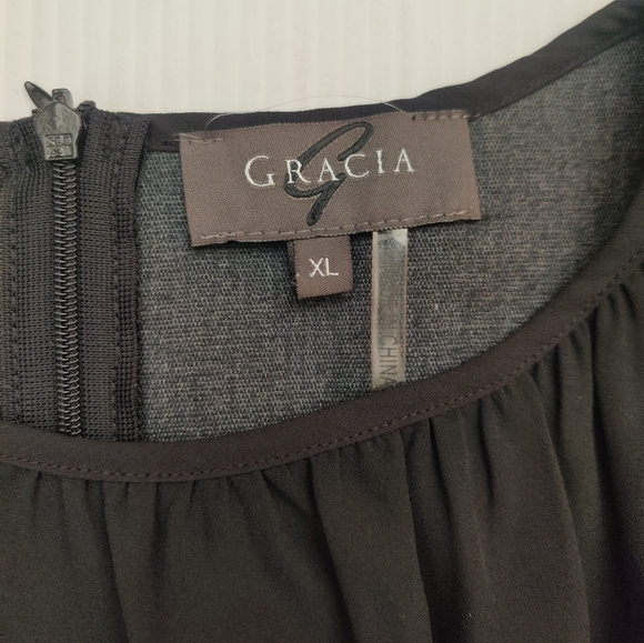 Gracia Black Peplum Chiffon Gathered Blouse With Faux Leather Accents. - Picture 3 of 9